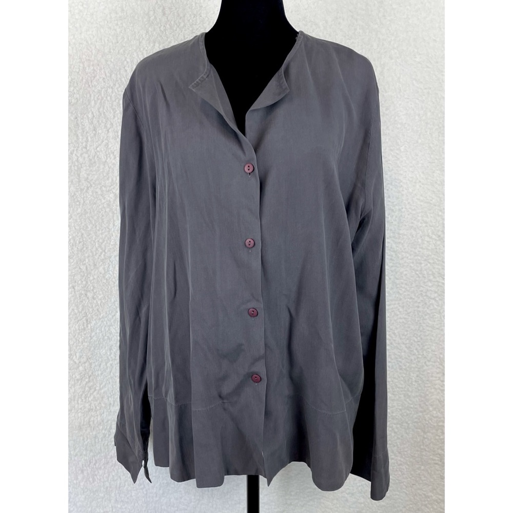 (VTG) EIGHT DEGREES SOUTH • Grey 100% Silk Button-Down Long Sleeve Shirt, M - Picture 3 of 11